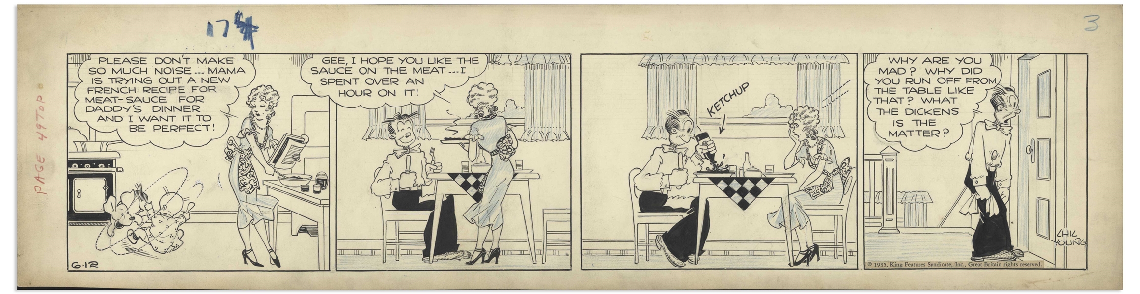 Chic Young Hand-Drawn ''Blondie'' Comic Strip From 1935 Titled ''Cooks Are So Temperamental!'' -- Dagwood Breaks Blondie's Heart With a Bottle of Ketchup